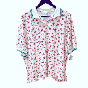 NWT Vintage 80s BonWorth White Pink Floral Polo Shirt Green XL Relax Fit